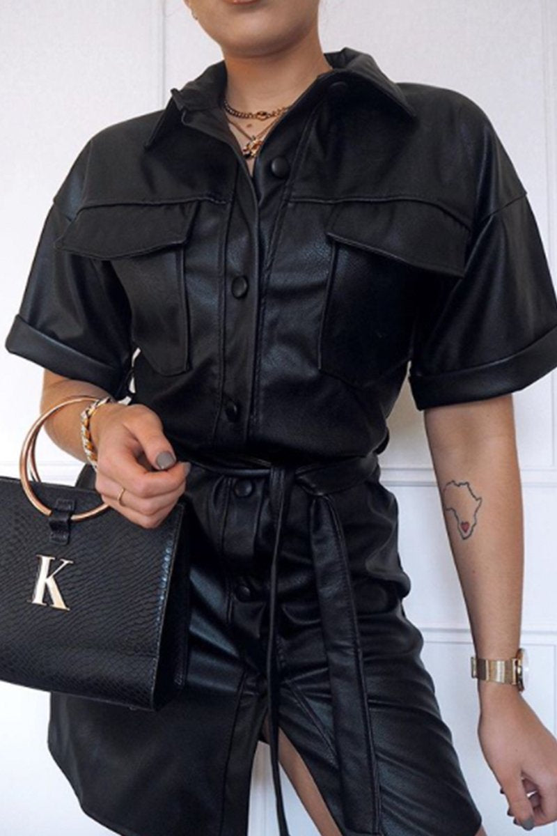 Kassidy Black Faux Leather Belted Shirt Dress