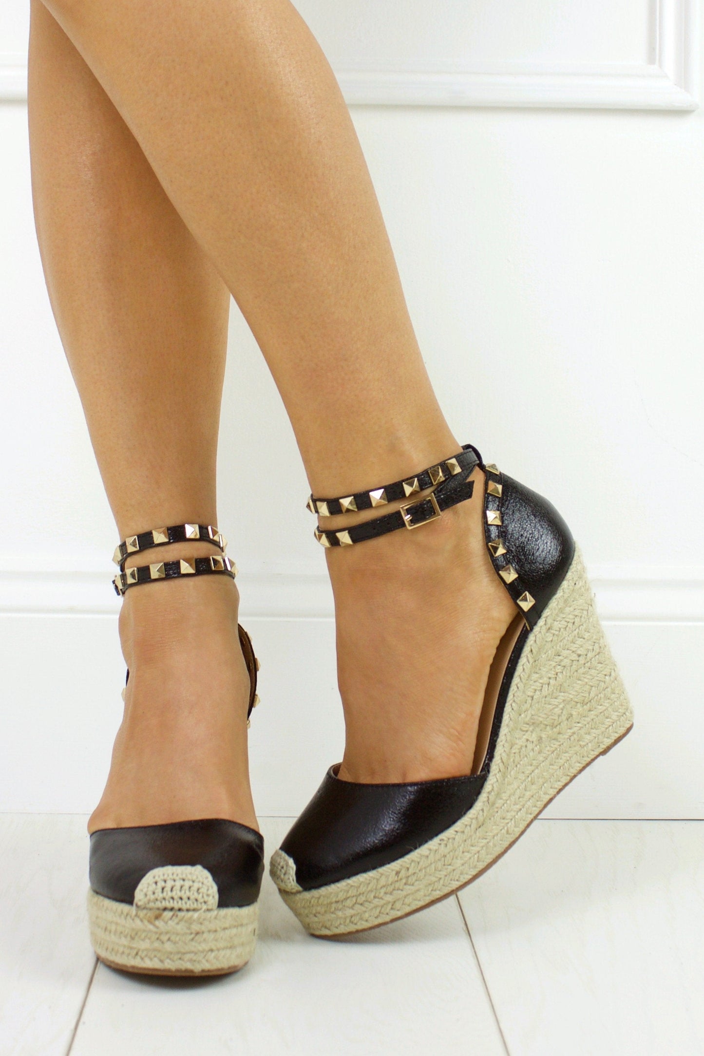 Katerina Black Shimmer Studded Stacked Espadrille Wedges