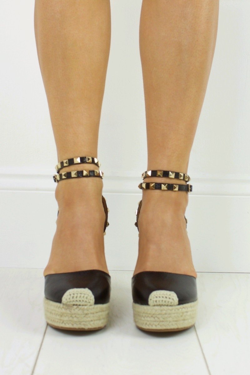 Katerina Black Shimmer Studded Stacked Espadrille Wedges