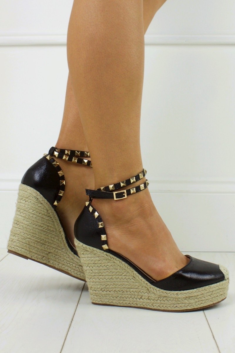 Katerina Black Shimmer Studded Stacked Espadrille Wedges