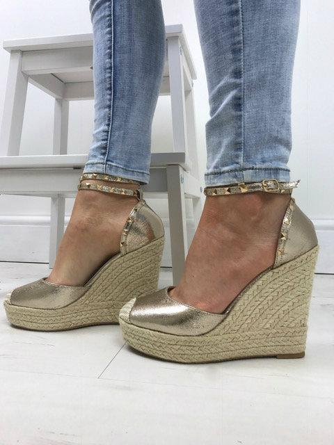 Katerina Gold Shimmer Studded Stacked Espadrille Wedges