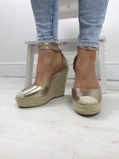 Katerina Gold Shimmer Studded Stacked Espadrille Wedges