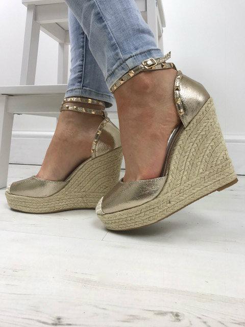 Katerina Gold Shimmer Studded Stacked Espadrille Wedges