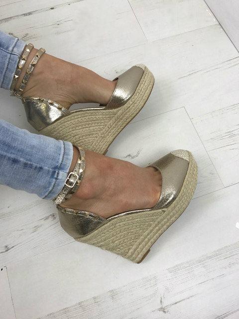 Katerina Gold Shimmer Studded Stacked Espadrille Wedges