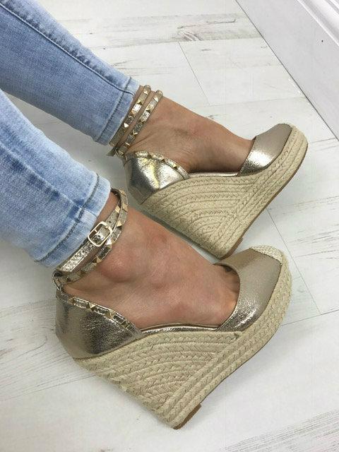 Katerina Gold Shimmer Studded Stacked Espadrille Wedges