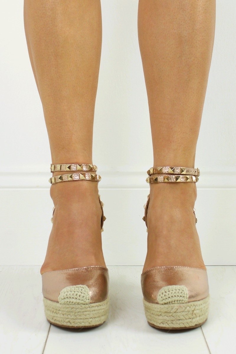 Katerina Rose Gold Shimmer Studded Stacked Espadrille Wedges