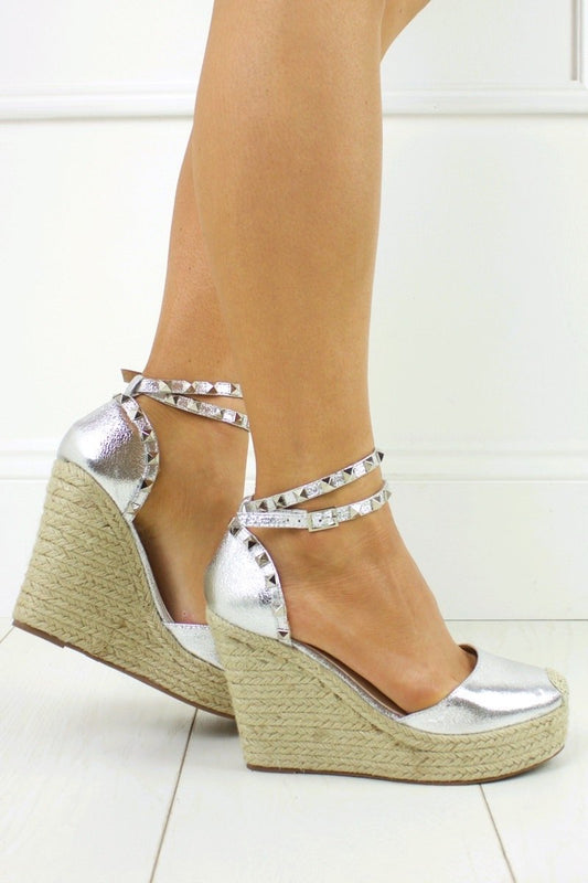 Katerina Silver Shimmer Studded Stacked Espadrille Wedges