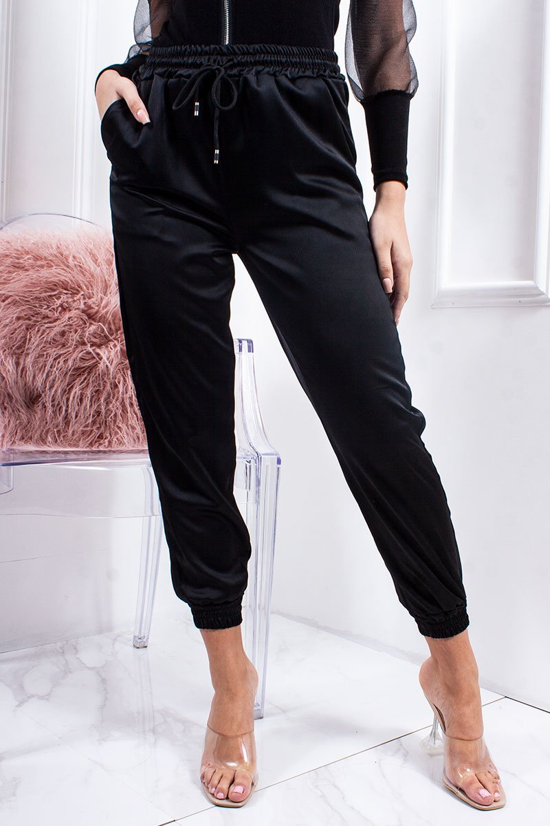 Katie Black Satin Cuffed Basic Joggers