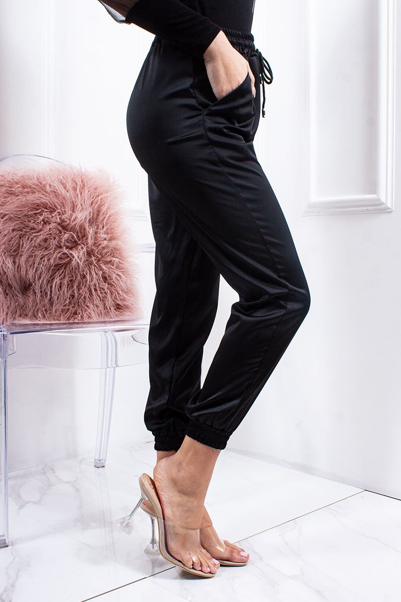 Katie Black Satin Cuffed Basic Joggers