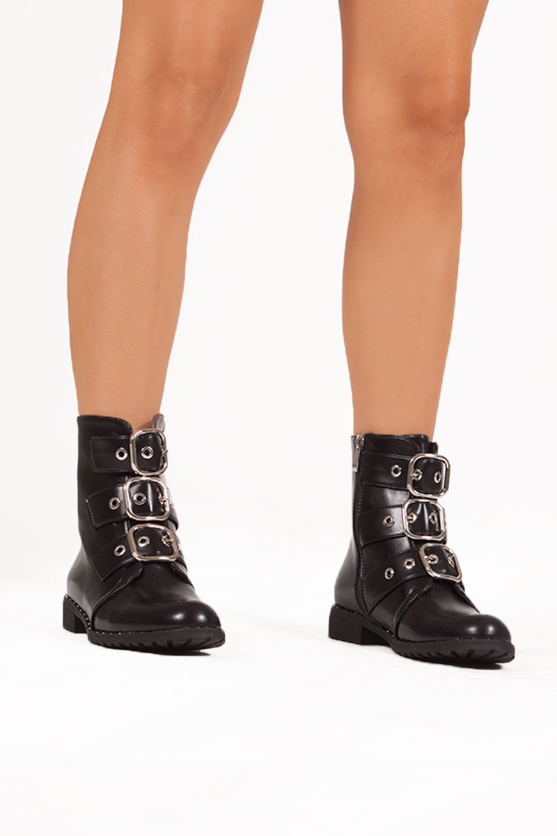 Kehlani Black Buckle Detail Pu Boots