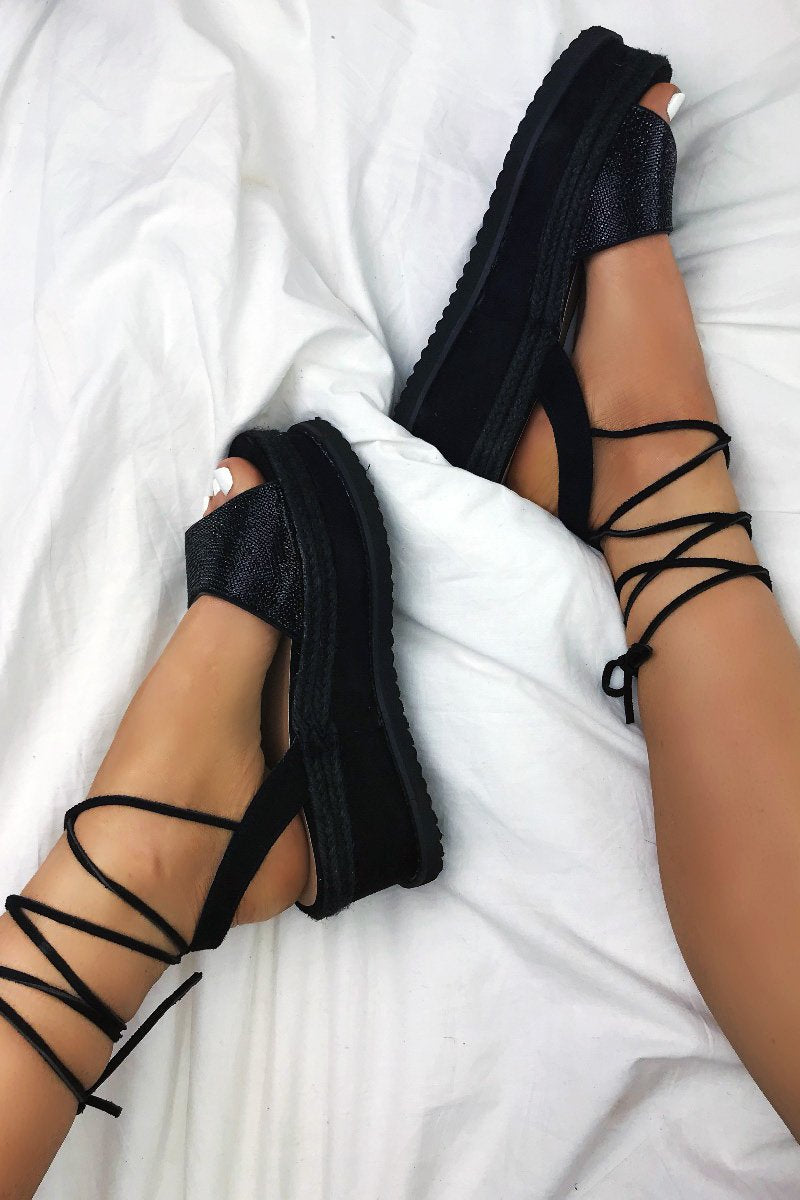 Kendall Black Wrap Up Espadrille Flatform Sandals With Diamante Detail