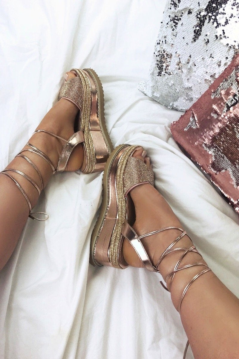 Kendall Rose Gold Wrap Up Espadrille Flatform Sandals With Diamante Detail