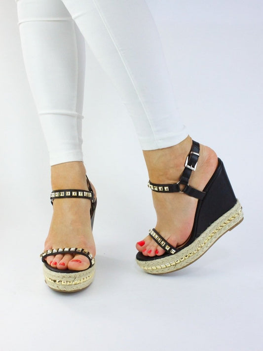 Kendra Black Espadrille Stud Wedge