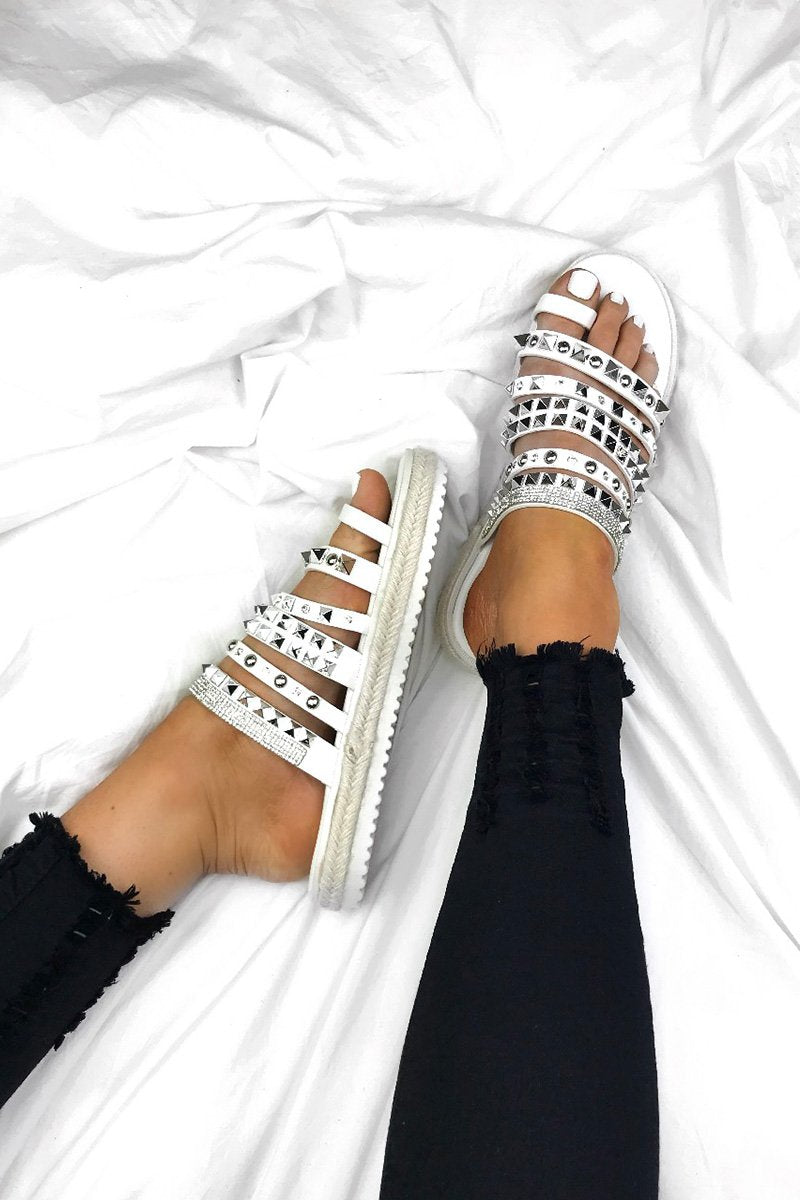 Khloe White Strappy Diamante Espadrille Sandals