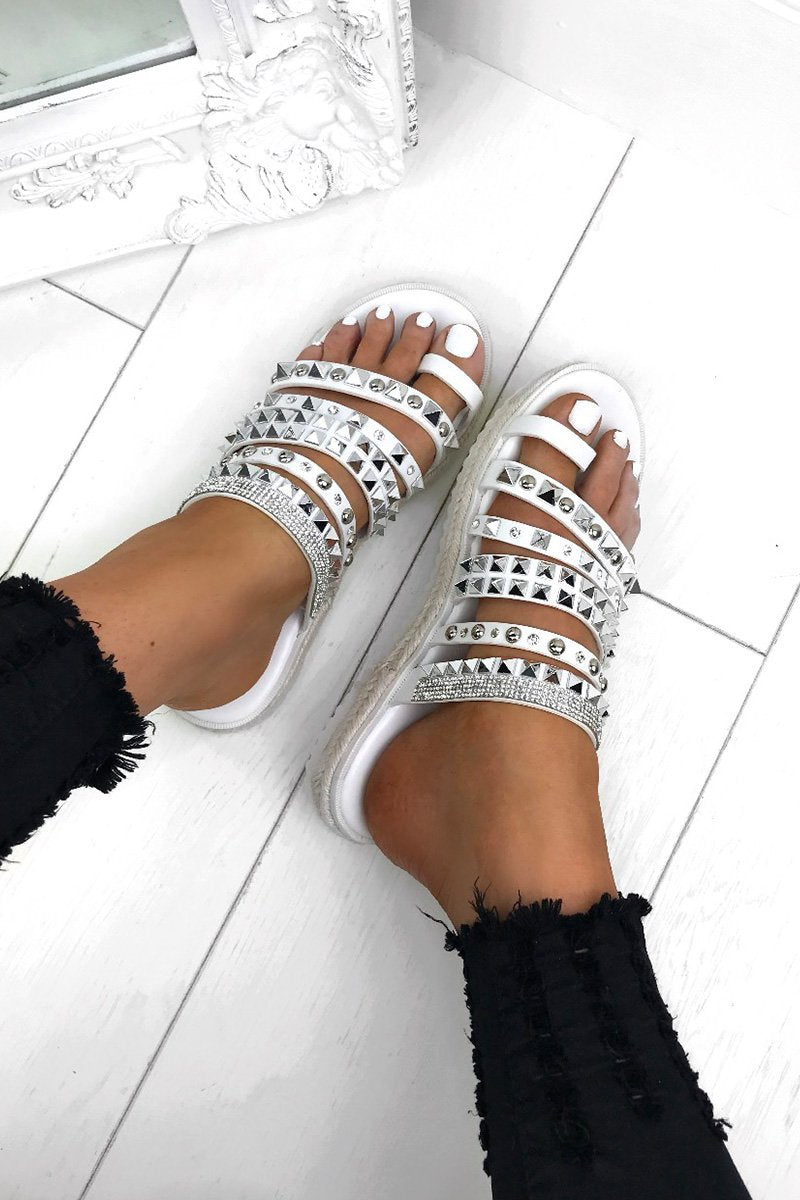 Khloe White Strappy Diamante Espadrille Sandals