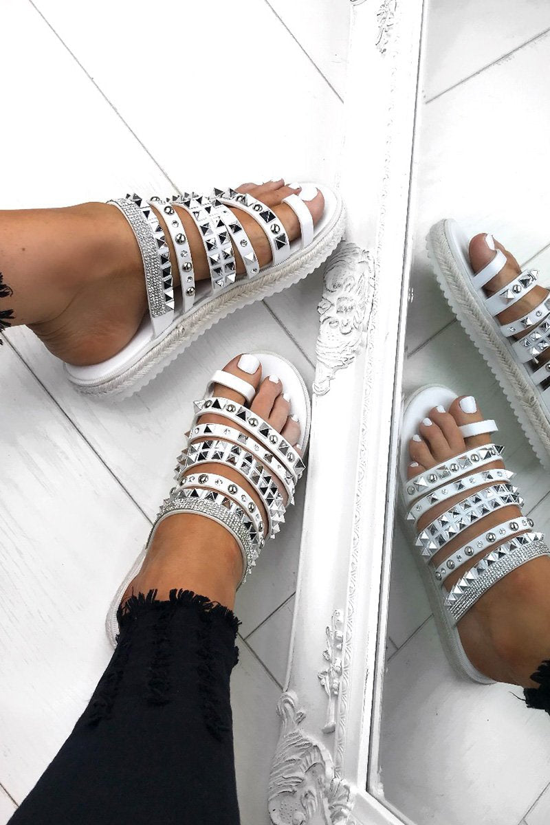 Khloe White Strappy Diamante Espadrille Sandals