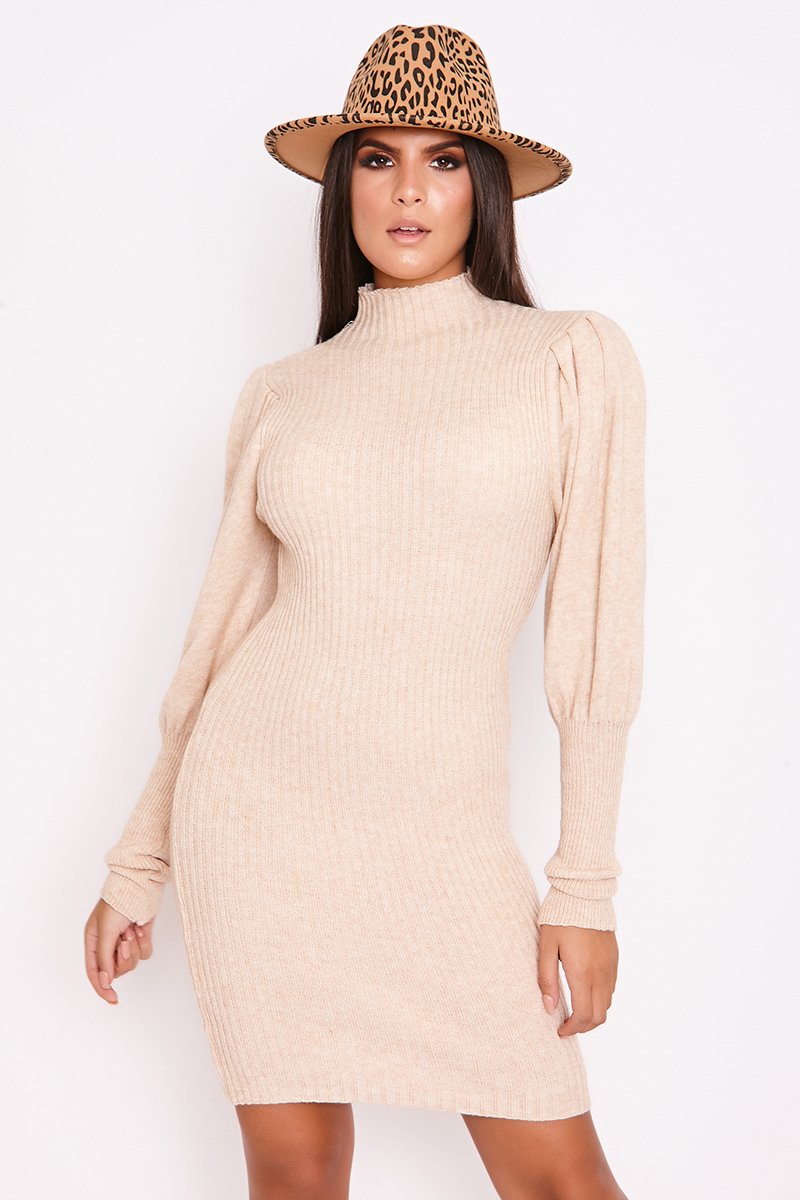 Kiara Beige Ribbed Puff Sleeve Knitted Jumper Dress