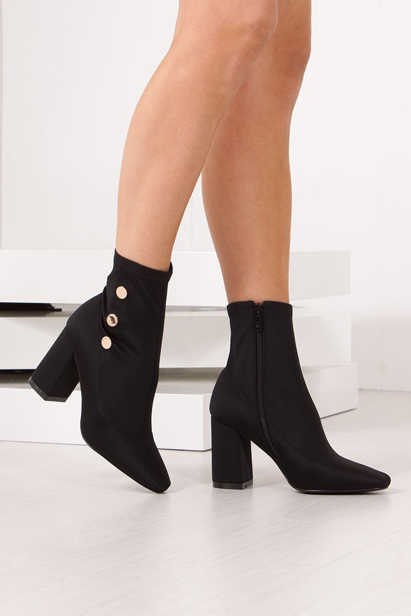 Kiara Black Lycra Gold Button Heeled Ankle Boots