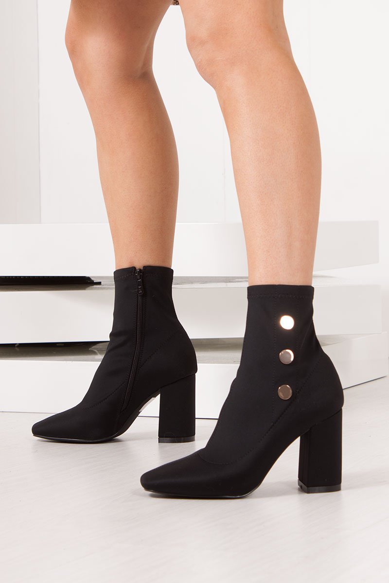 Kiara Black Lycra Gold Button Heeled Ankle Boots