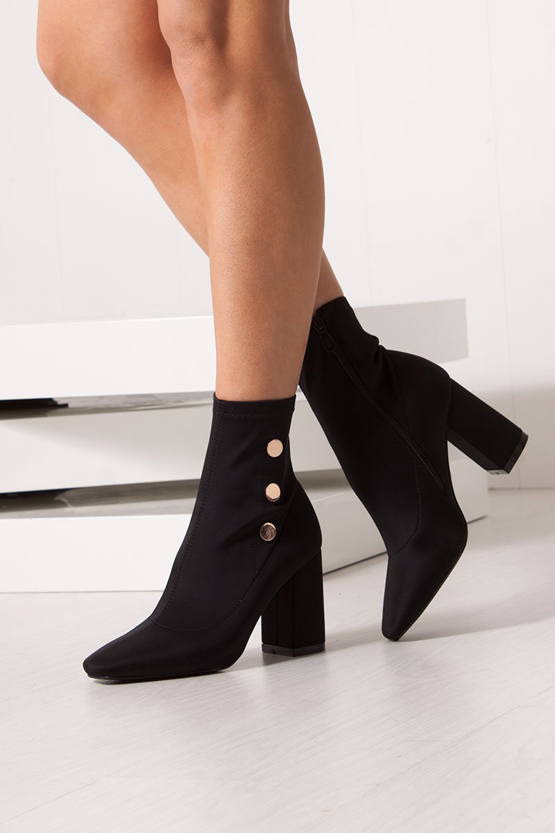 Kiara Black Lycra Gold Button Heeled Ankle Boots