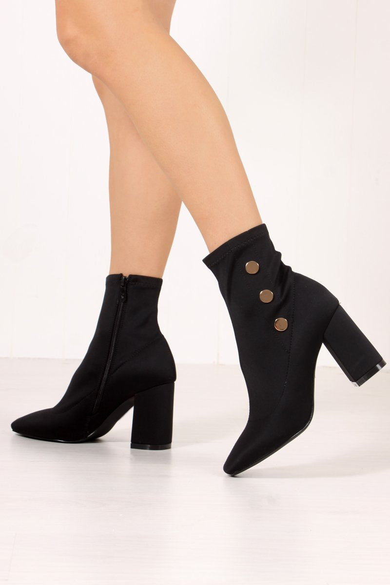 Kiara Black Lycra Gold Button Heeled Ankle Boots