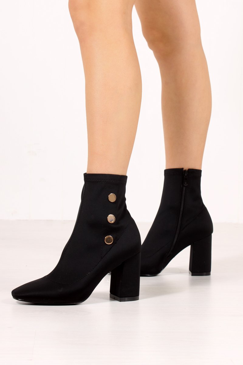 Kiara Black Lycra Gold Button Heeled Ankle Boots