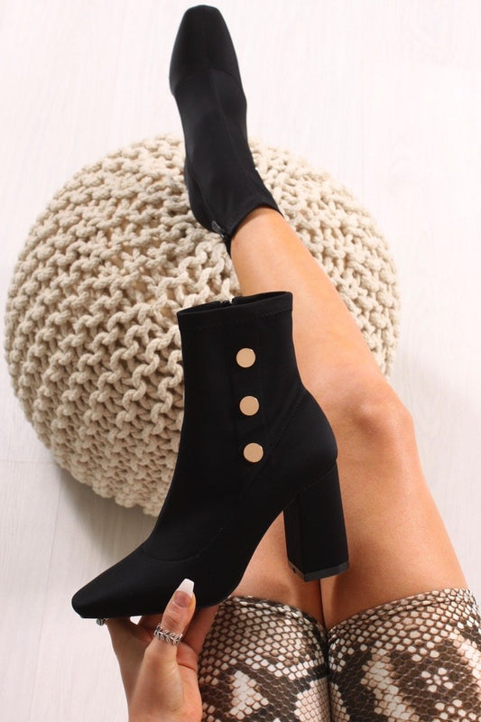 Kiara Black Lycra Gold Button Heeled Ankle Boots