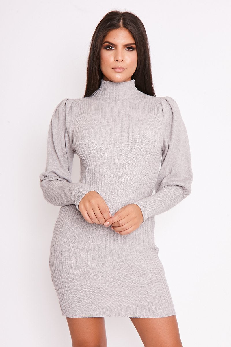 Kiara Grey Ribbed Puff Sleeve Knitted Jumper Dress