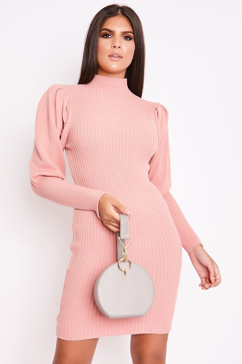 Kiara Pink Ribbed Puff Sleeve Knitted Jumper Dress