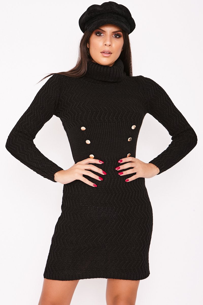 Kimmie Black Knitted Roll Neck Button Detail Jumper Dress