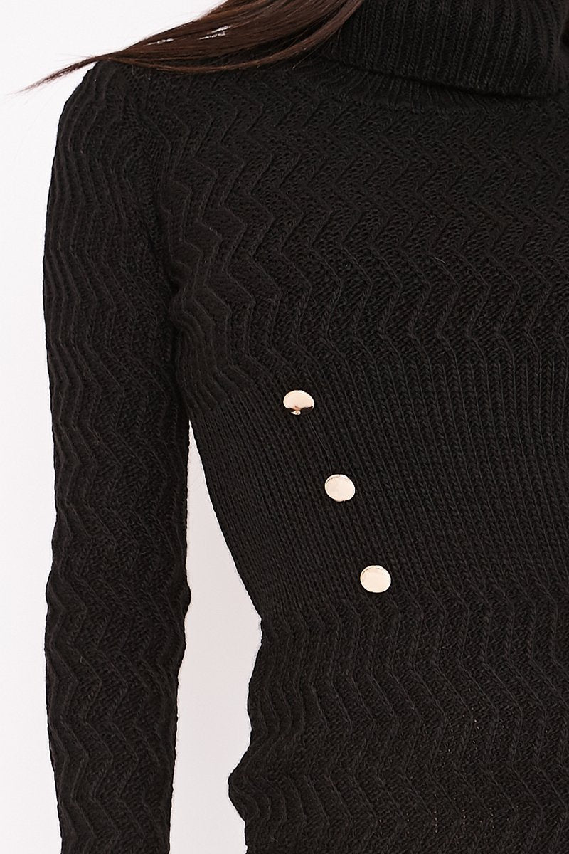 Kimmie Black Knitted Roll Neck Button Detail Jumper Dress