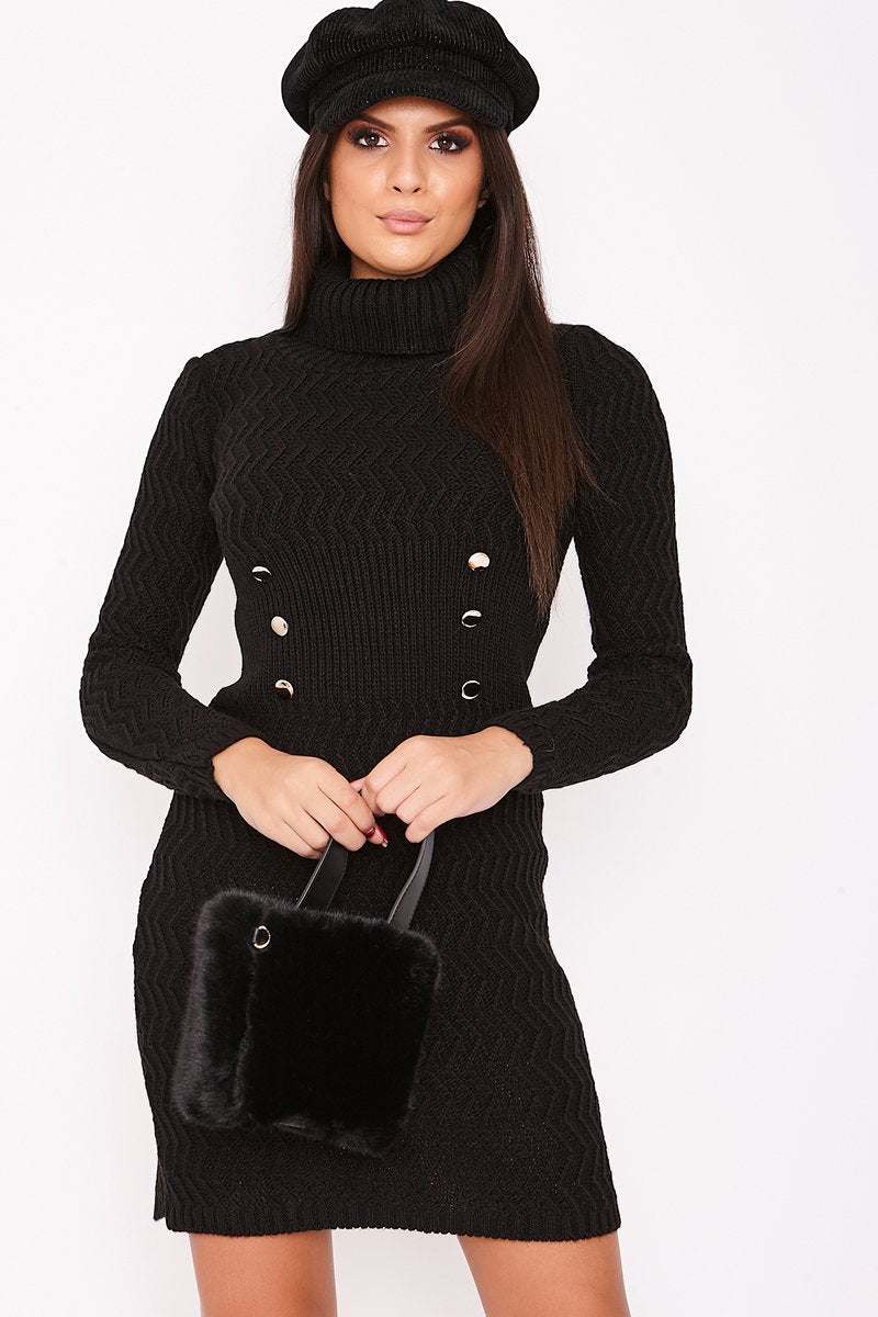 Kimmie Black Knitted Roll Neck Button Detail Jumper Dress