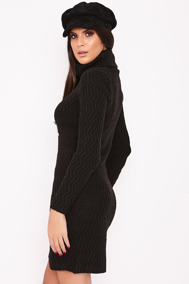 Kimmie Black Knitted Roll Neck Button Detail Jumper Dress