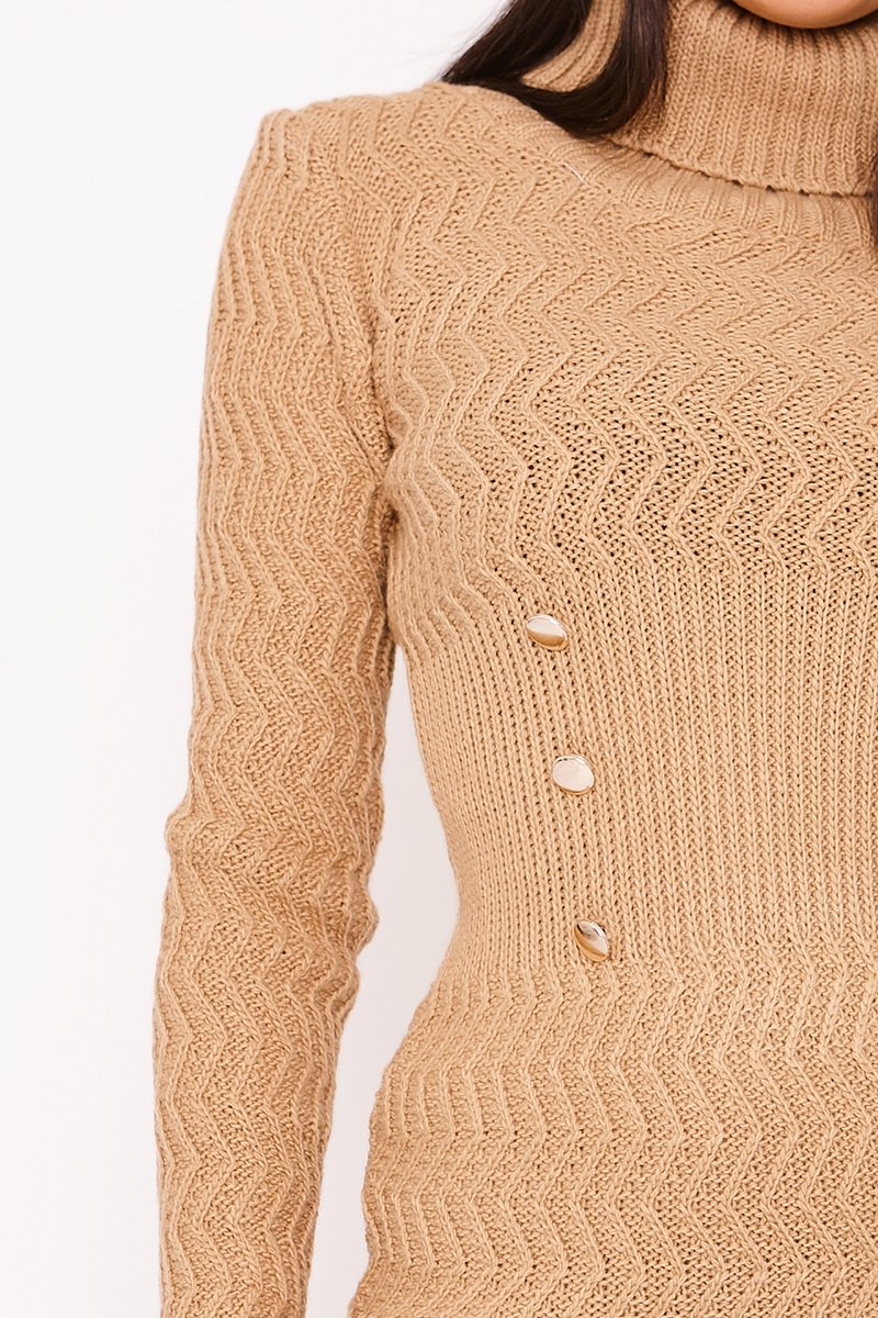 Kimmie Camel Knitted Roll Neck Button Detail Jumper Dress