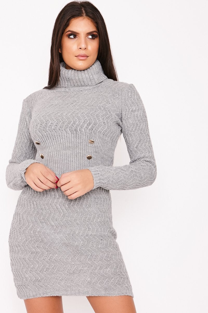 Kimmie Grey Knitted Roll Neck Button Detail Jumper Dress