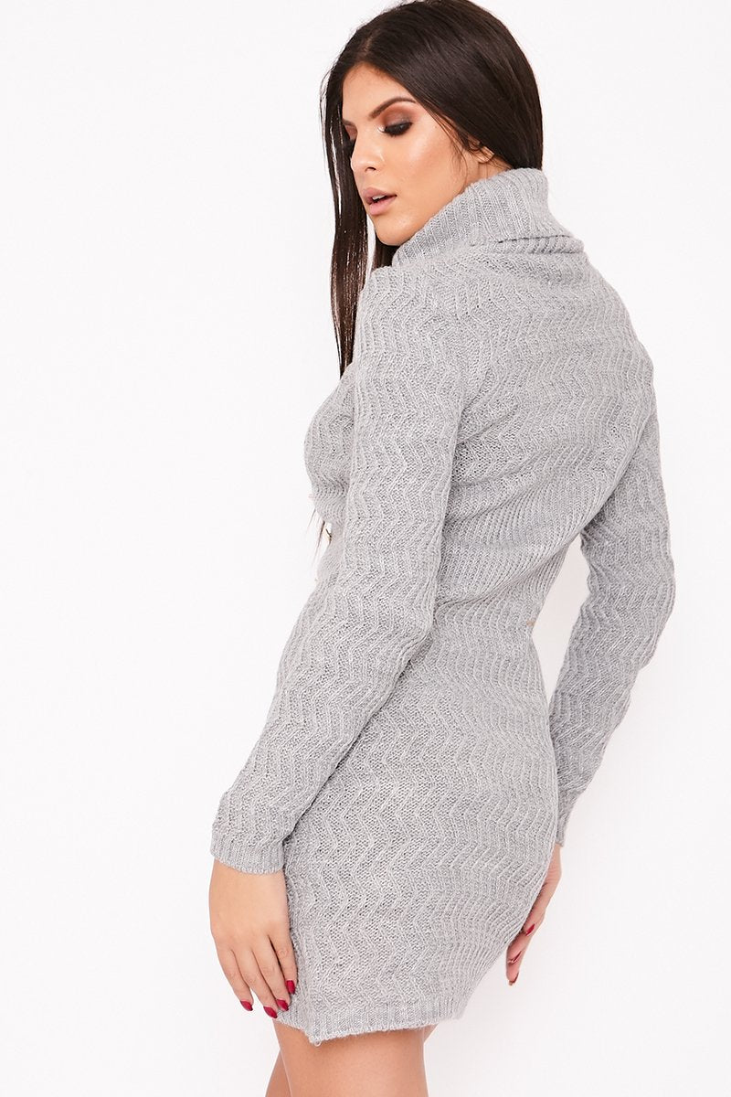 Kimmie Grey Knitted Roll Neck Button Detail Jumper Dress