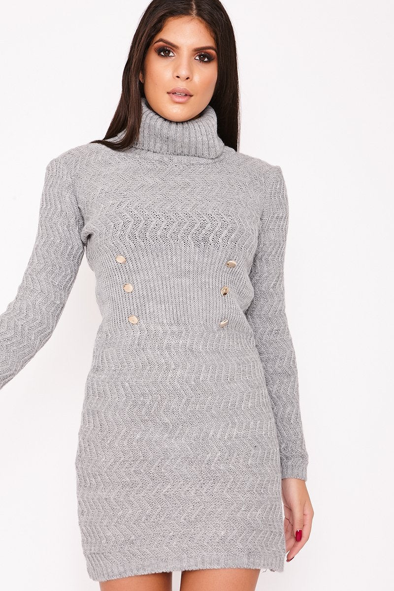 Kimmie Grey Knitted Roll Neck Button Detail Jumper Dress