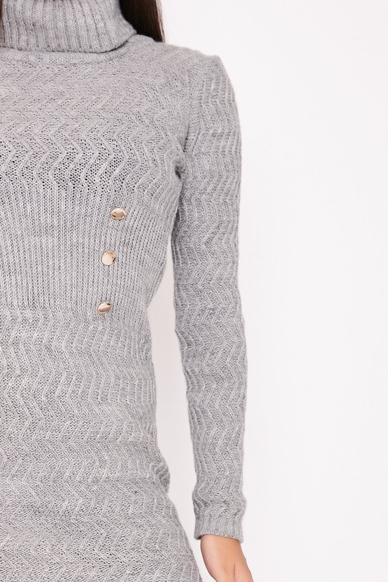 Kimmie Grey Knitted Roll Neck Button Detail Jumper Dress