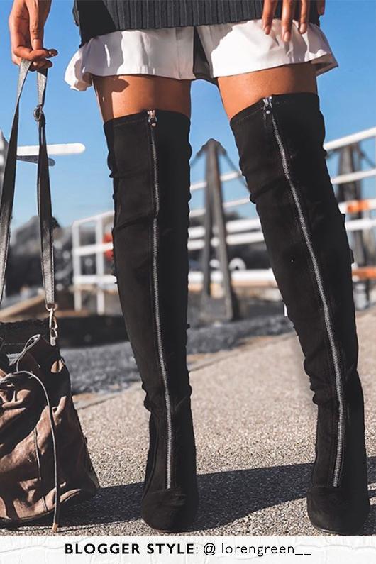 Kinsley Black Faux Suede Zip Front Over The Knee Boots