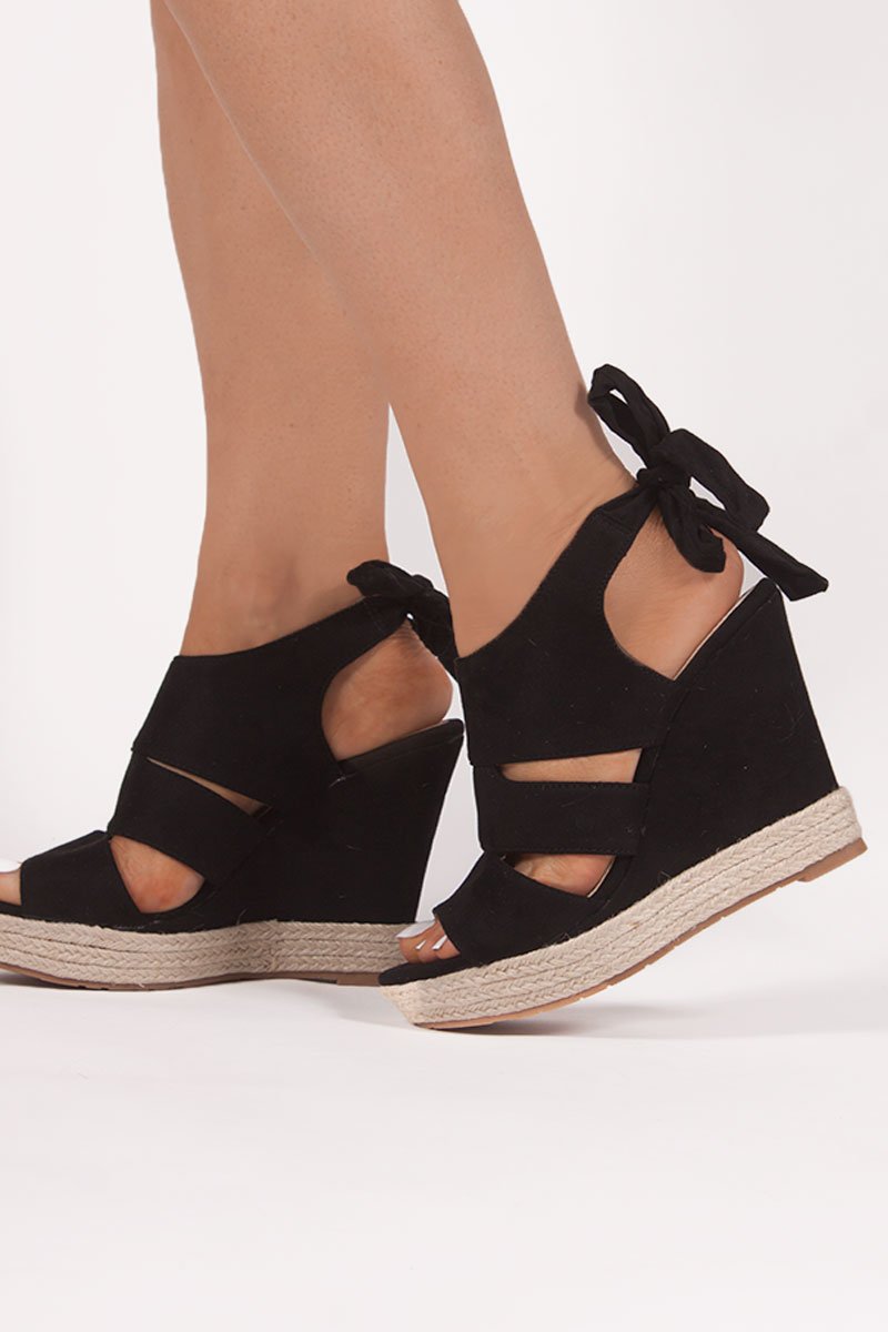 Klaudia Black Faux Suede Tie Back Wedges