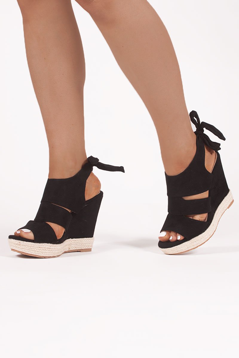 Klaudia Black Faux Suede Tie Back Wedges