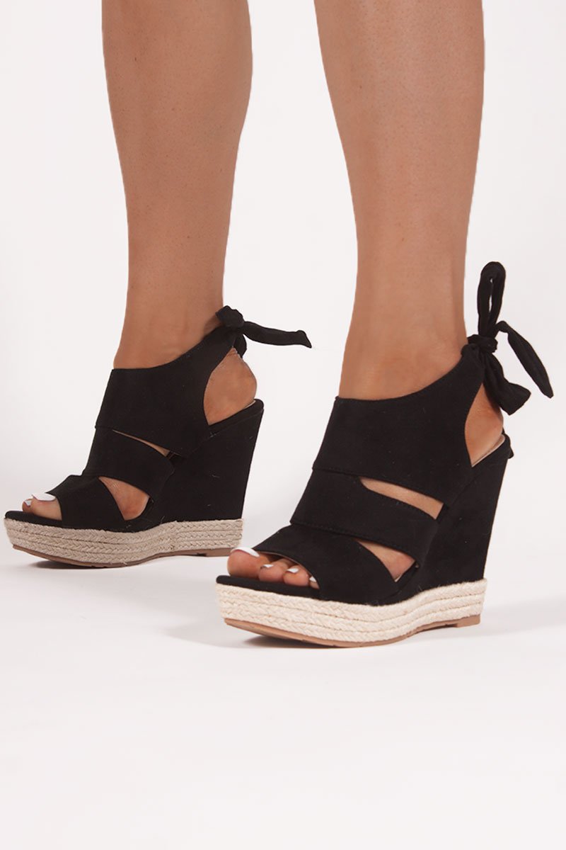 Klaudia Black Faux Suede Tie Back Wedges