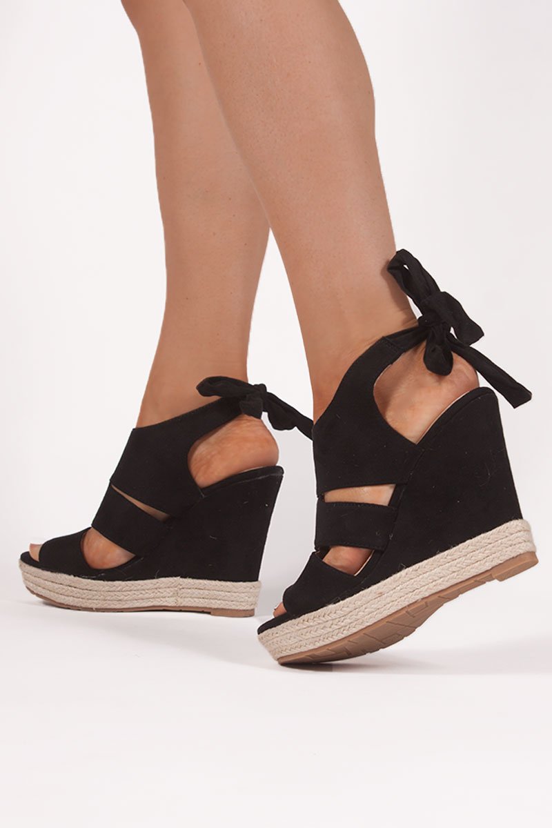 Klaudia Black Faux Suede Tie Back Wedges