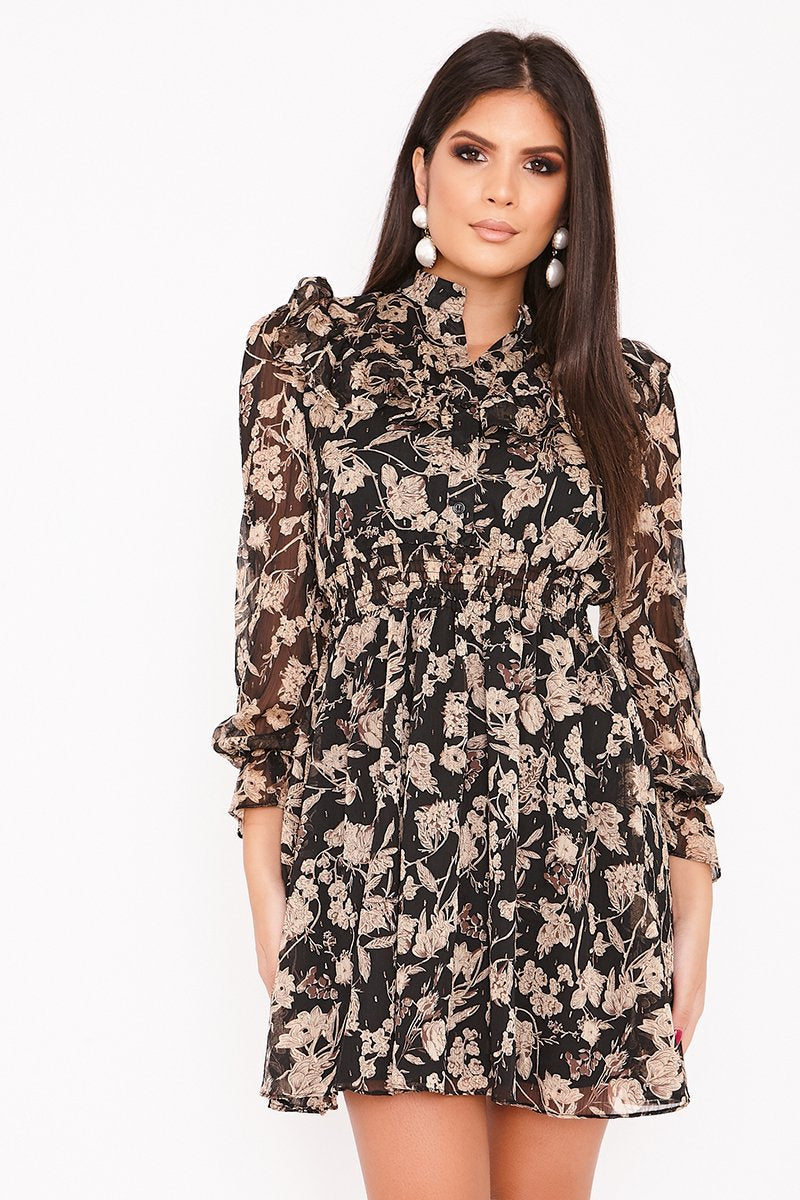 Klaudia Black Floral Print Chiffon Frill Dress