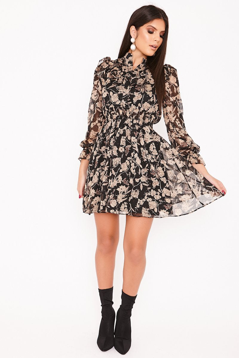 Klaudia Black Floral Print Chiffon Frill Dress