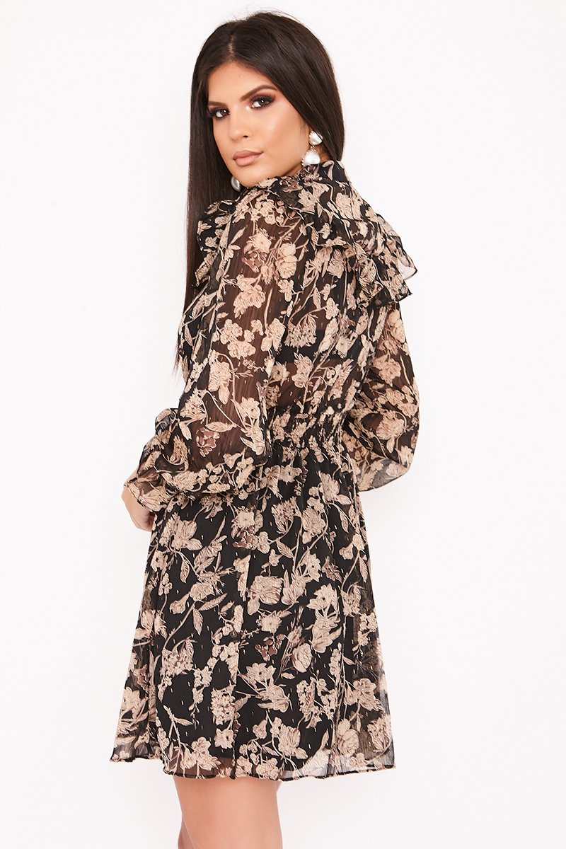 Klaudia Black Floral Print Chiffon Frill Dress