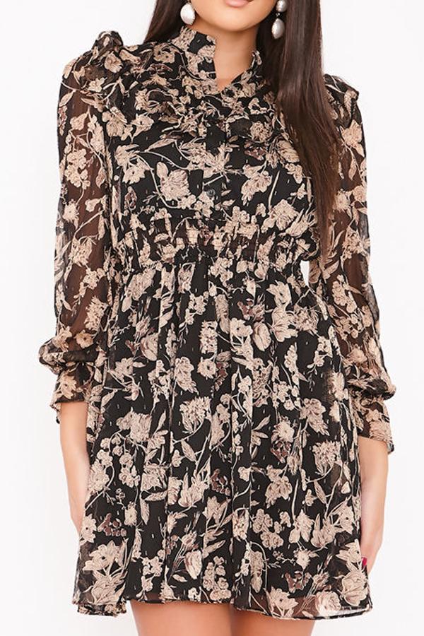 Klaudia Black Floral Print Chiffon Frill Dress