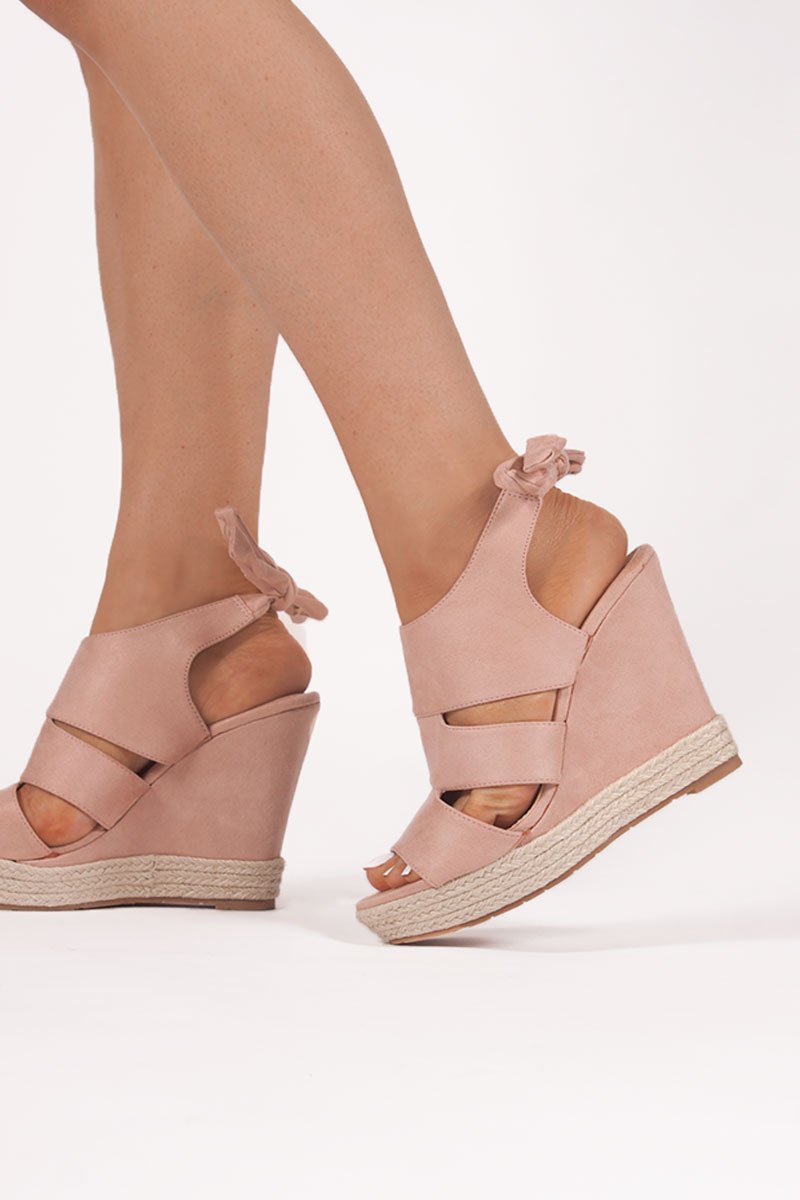 Klaudia Pink Faux Suede Tie Back Wedges