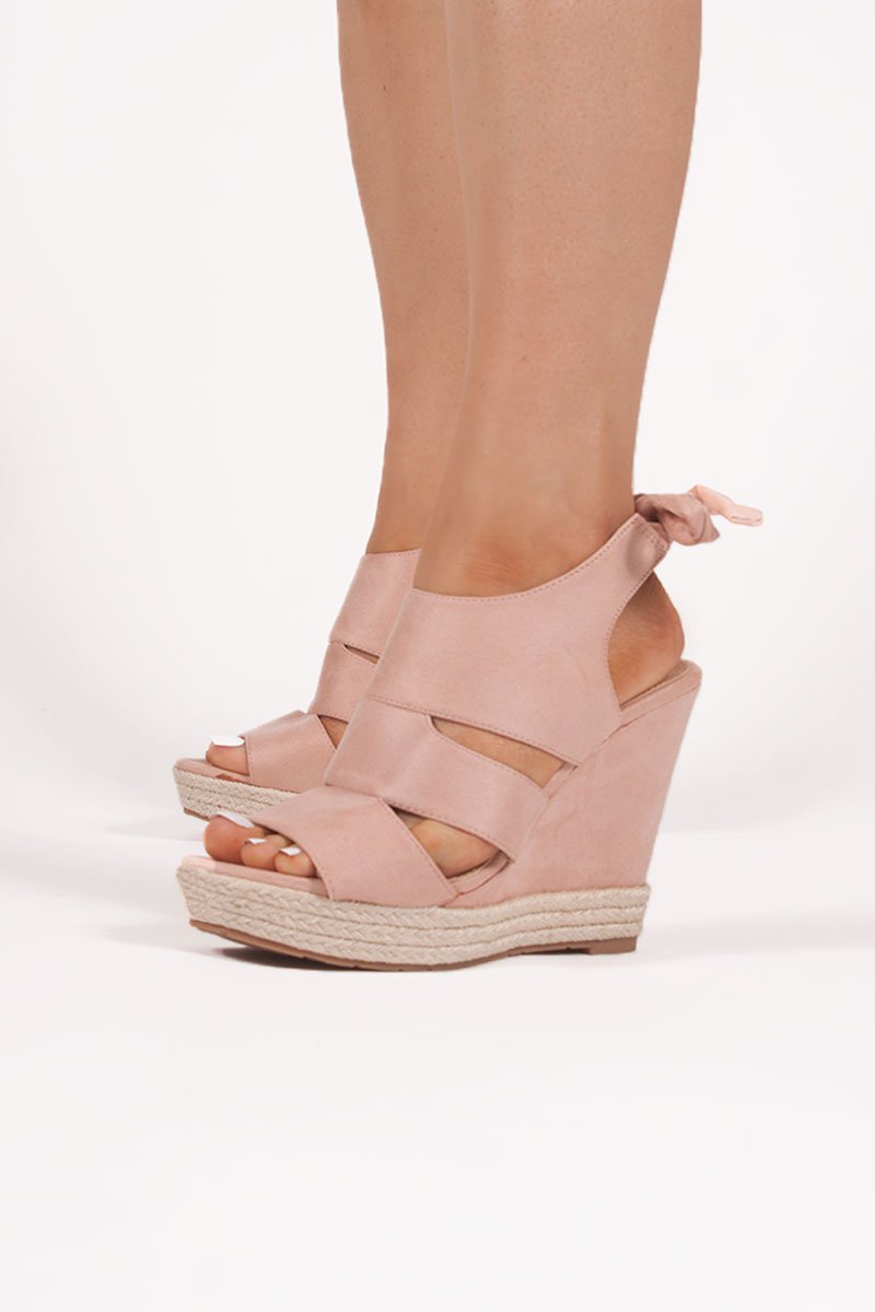 Klaudia Pink Faux Suede Tie Back Wedges