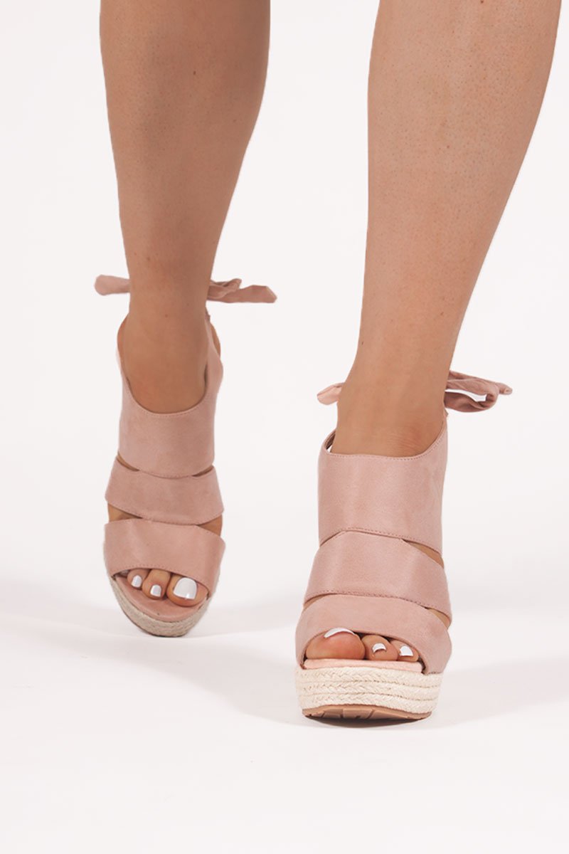 Klaudia Pink Faux Suede Tie Back Wedges